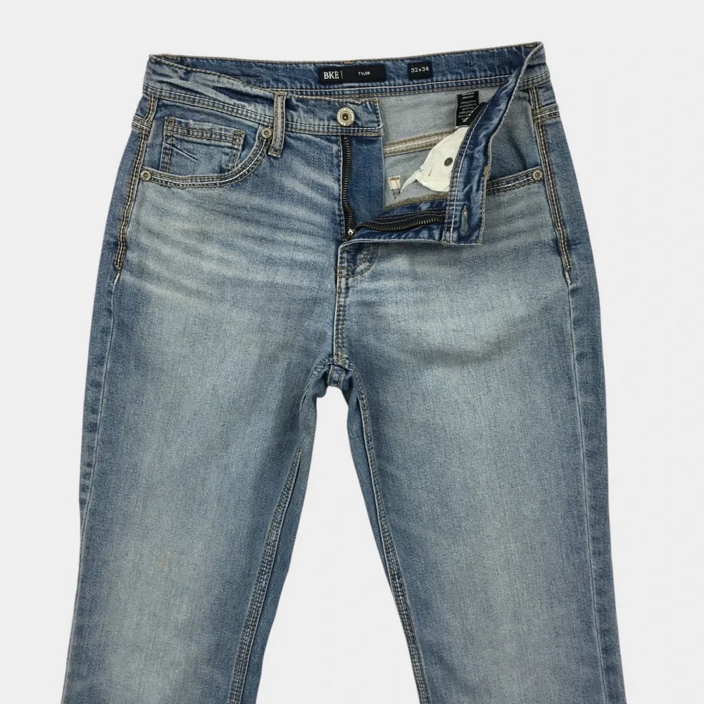 BKE Tyler Mens Light Wash Straight Leg Stretch Denim Jeans 32x34 Blue